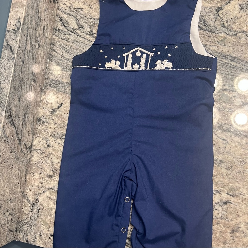 GUC Navy Smocked Long John Thick Material Christmas Naivety Scene Sz 9m